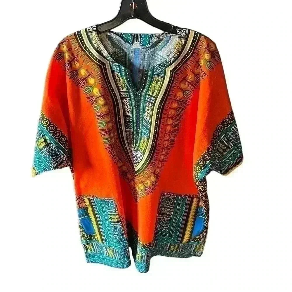 Unisex Dashiki African motif kaftan‎ style shirt. 2 pockets. Vibrant. Free size